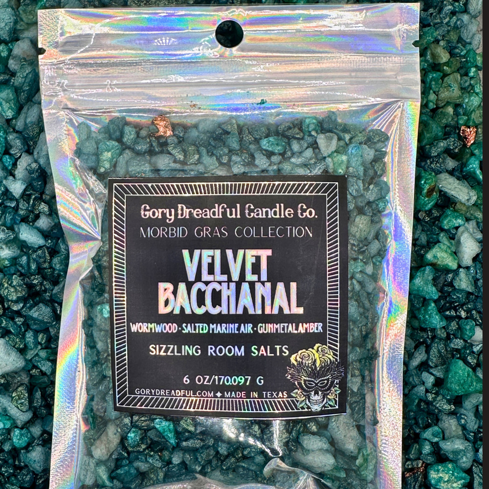 VELVET BACCHANAL Sizzling Room Salts: Wormwood+Salted Marine Air+Gunmetal Amber